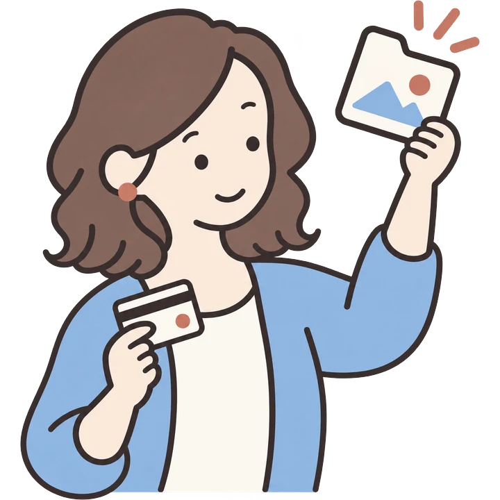 カードで支払い、透かしのない写真を受け取ったお客様のイラスト