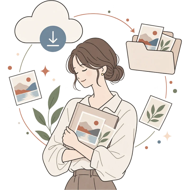 受け取った写真を抱えている人のイラスト