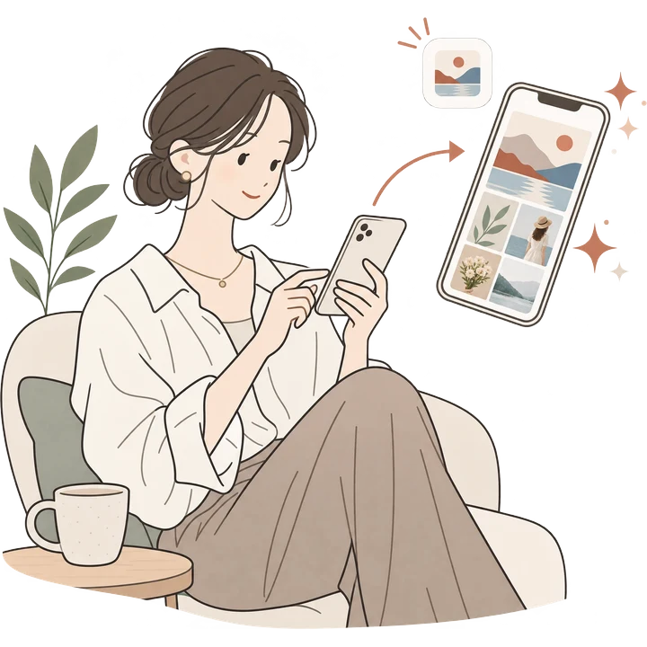 スマホでギャラリーを開いている人のイラスト