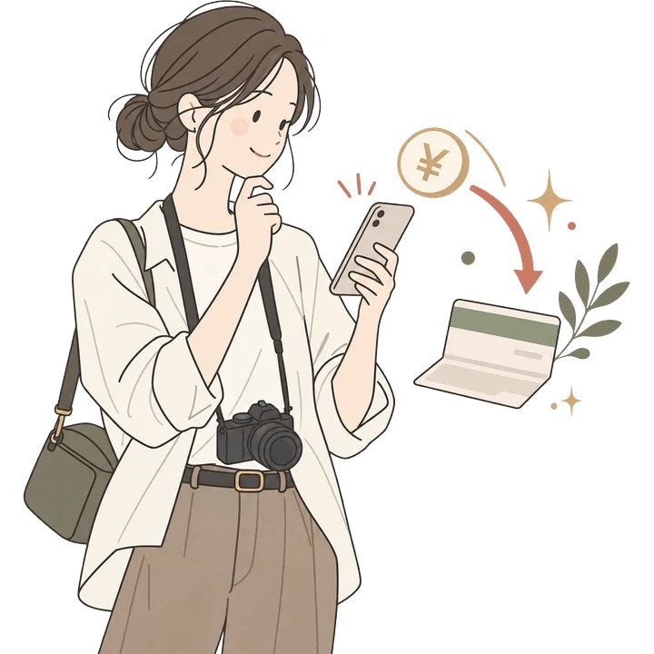カメラを提げた人がスマホを見ていて、売上が口座に入るイラスト