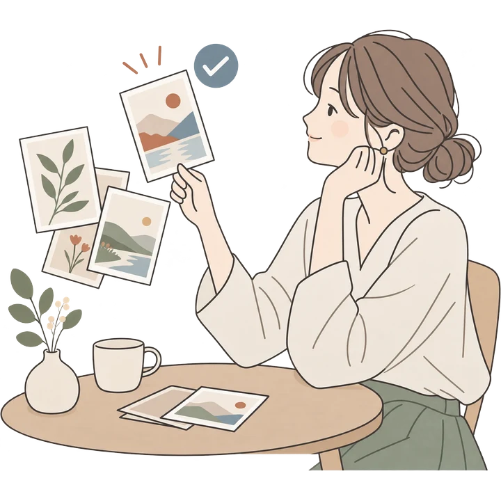 テーブルで写真を 1 枚ずつ見比べている人のイラスト