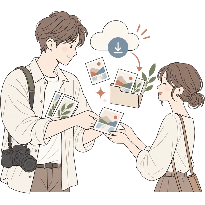 透かしのない写真がお客様の手元に渡るイラスト