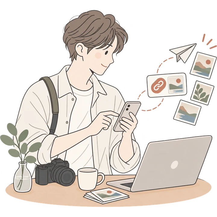 スマホから共有リンクを送っているカメラマンのイラスト