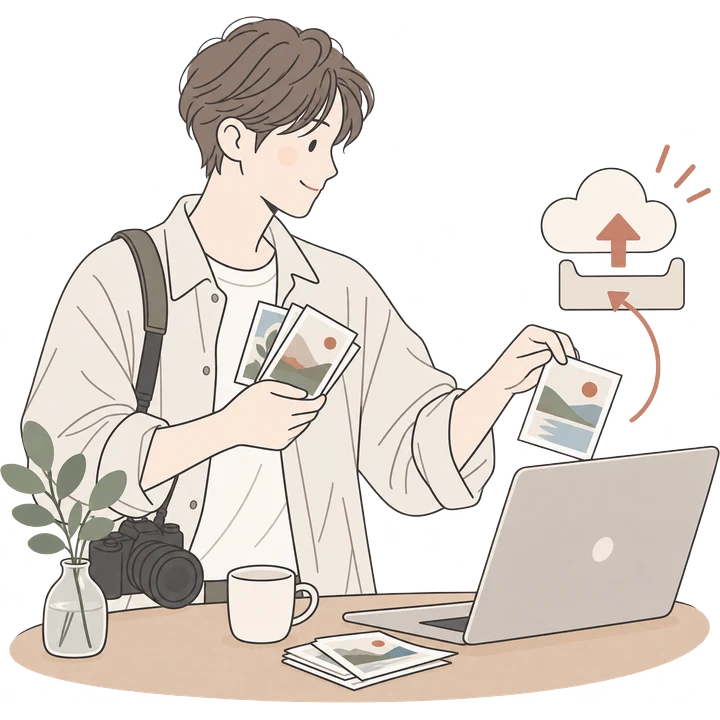 撮った写真をノートパソコンからアップロードしているカメラマンのイラスト
